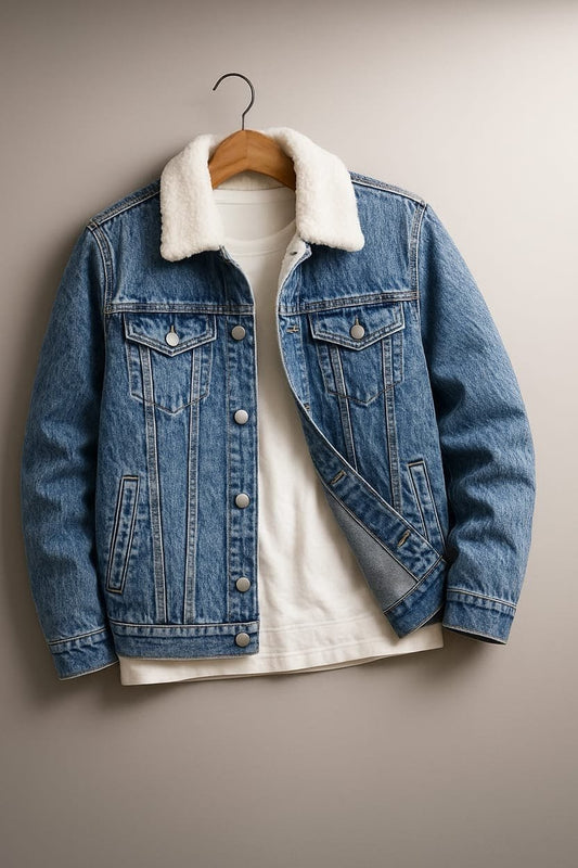 Unisex Stylish Fur Denim Jacket - Light blue
