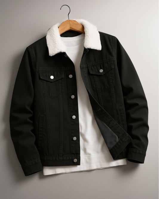 Unisex Stylish Fur Denim Jacket - Black